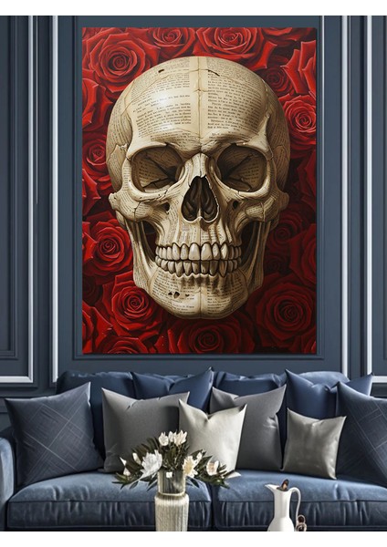 Kırmızı Gül Tutan Kafatası Dekoratif Kanvas - Mdf Ahşap Tablo fırsatları