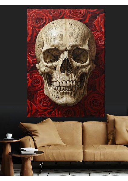 Kırmızı Gül Tutan Kafatası Dekoratif Kanvas - Mdf Ahşap Tablo indirimleri