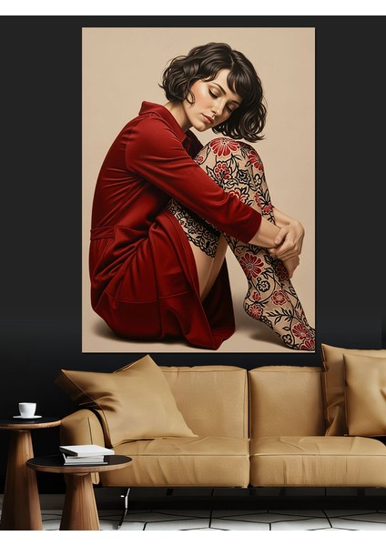 Dövmeli Kırmızı Kadın Düşünceli Dekoratif Kanvas - Mdf Ahşap Tablo