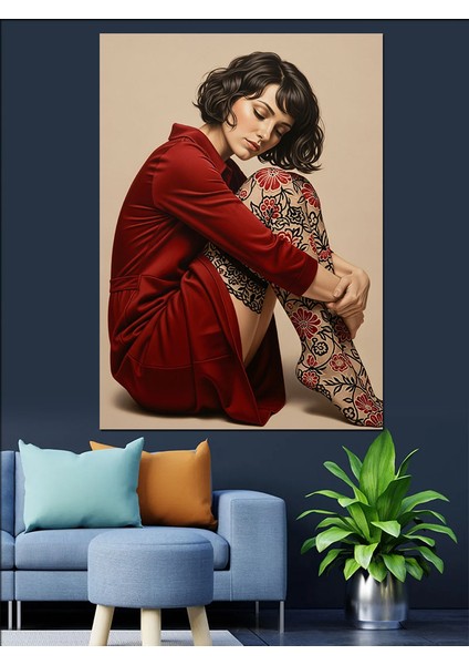 Dövmeli Kırmızı Kadın Düşünceli Dekoratif Kanvas - Mdf Ahşap Tablo fiyatları