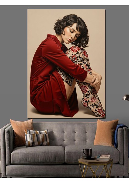 Dövmeli Kırmızı Kadın Düşünceli Dekoratif Kanvas - Mdf Ahşap Tablo modelleri