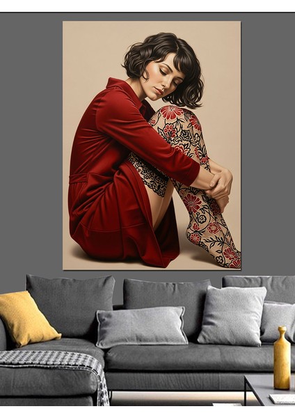 Dövmeli Kırmızı Kadın Düşünceli Dekoratif Kanvas - Mdf Ahşap Tablo fırsatları