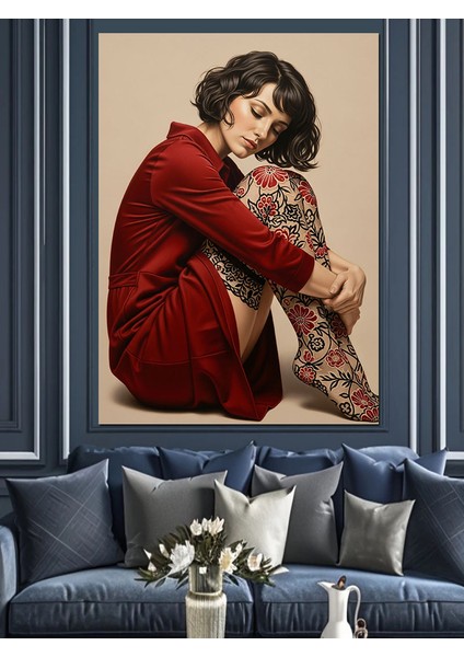 Dövmeli Kırmızı Kadın Düşünceli Dekoratif Kanvas - Mdf Ahşap Tablo indirimleri