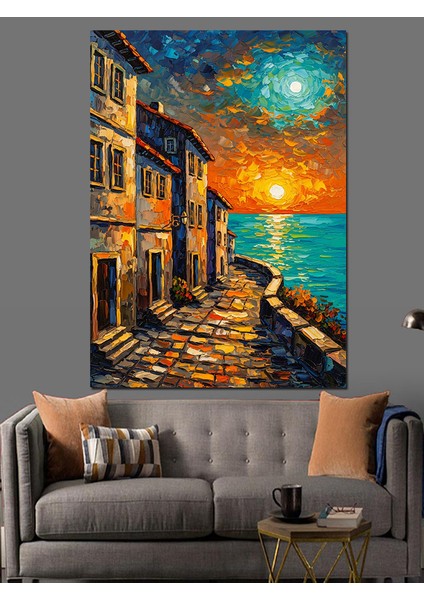Akdeniz Sokağı Günbatımı Manzara Dekoratif Kanvas - Mdf Ahşap Tablo