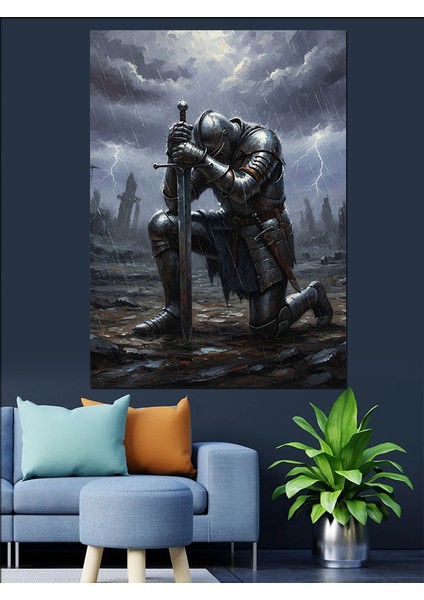 Siyah Düşünen Şovalye Adam Dekoratif Kanvas - Mdf Ahşap Tablo