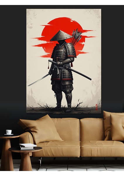 Samuray Kırmızı Güneş Kılıç Dekoratif Kanvas - Mdf Ahşap Tablo