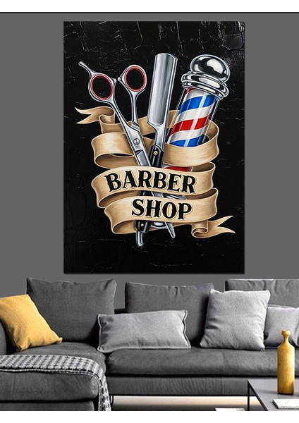 Berber Dükkanı Vintage Logo Dekoratif Kanvas - Mdf Ahşap Tablo