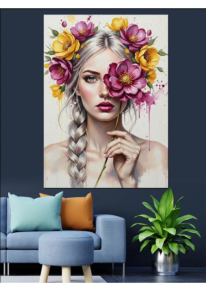 Çiçek Tacı Makyajlı Kadın Dekoratif Kanvas - Mdf Ahşap Tablo