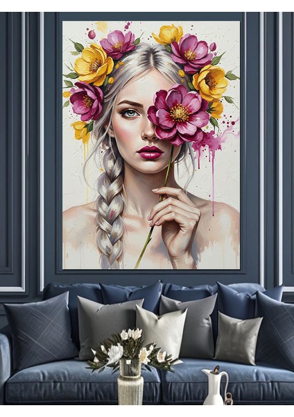 Çiçek Tacı Makyajlı Kadın Dekoratif Kanvas - Mdf Ahşap Tablo modelleri