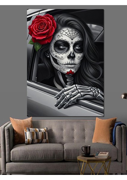 Kafatası Kırmızı Gül Makyaj Dekoratif Kanvas - Mdf Ahşap Tablo