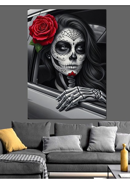 Kafatası Kırmızı Gül Makyaj Dekoratif Kanvas - Mdf Ahşap Tablo fiyatları