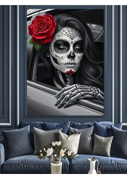 Kafatası Kırmızı Gül Makyaj Dekoratif Kanvas - Mdf Ahşap Tablo modelleri