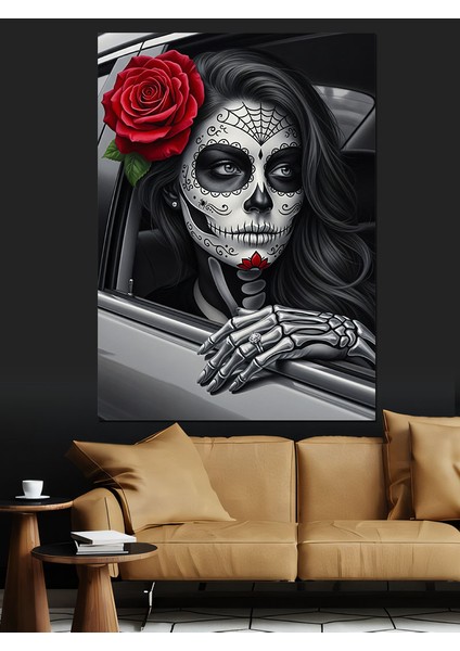 Kafatası Kırmızı Gül Makyaj Dekoratif Kanvas - Mdf Ahşap Tablo fırsatları