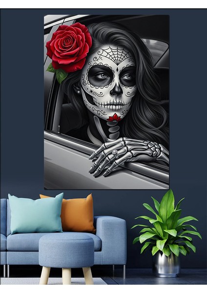 Kafatası Kırmızı Gül Makyaj Dekoratif Kanvas - Mdf Ahşap Tablo indirimleri