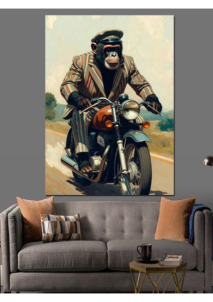 Motosiklet Süren Vahşi Maymun Dekoratif Kanvas - Mdf Ahşap Tablo