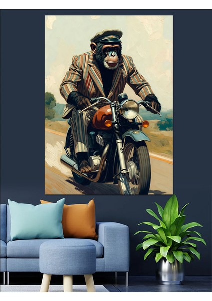 Motosiklet Süren Vahşi Maymun Dekoratif Kanvas - Mdf Ahşap Tablo fiyatları