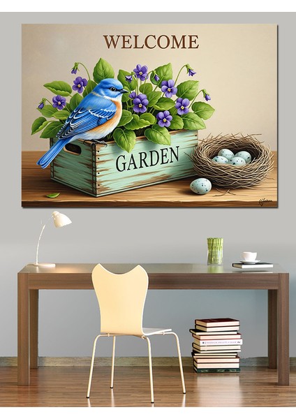 Mavi Kuş Çiçekler ve Kuş Yuvalı "hoş Geldiniz Bahçe" Tabelası Dekoratif Kanvas - Mdf Ahşap Tablo