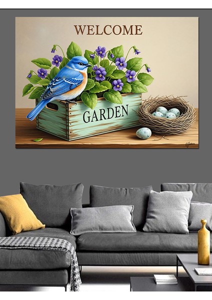 Mavi Kuş Çiçekler ve Kuş Yuvalı "hoş Geldiniz Bahçe" Tabelası Dekoratif Kanvas - Mdf Ahşap Tablo fiyatları