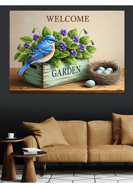 Mavi Kuş Çiçekler ve Kuş Yuvalı "hoş Geldiniz Bahçe" Tabelası Dekoratif Kanvas - Mdf Ahşap Tablo modelleri