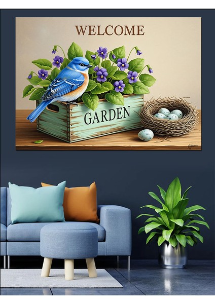 Mavi Kuş Çiçekler ve Kuş Yuvalı "hoş Geldiniz Bahçe" Tabelası Dekoratif Kanvas - Mdf Ahşap Tablo fırsatları