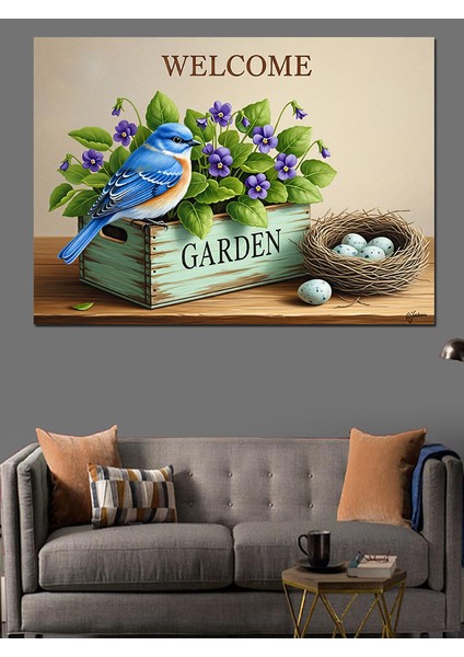 Mavi Kuş Çiçekler ve Kuş Yuvalı "hoş Geldiniz Bahçe" Tabelası Dekoratif Kanvas - Mdf Ahşap Tablo indirimleri