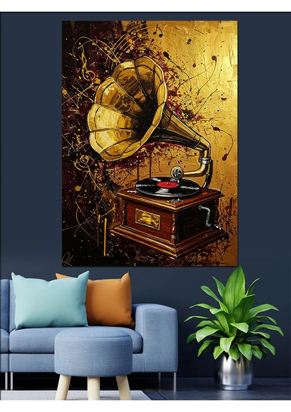 Gramofon Antika Müzik Aleti Dekoratif Kanvas - Mdf Ahşap Tablo