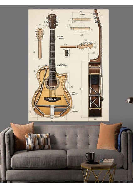 Eski Iki Klasik Gitar Eskizi Dekoratif Kanvas - Mdf Ahşap Tablo