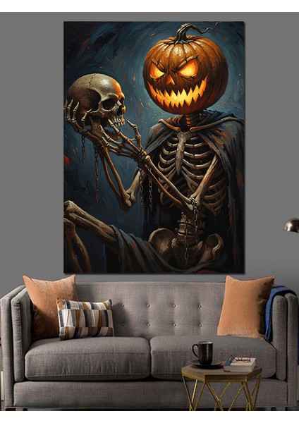 Iskeletler Balkabağı Cadılar Bayramı Dekoratif Kanvas - Mdf Ahşap Tablo