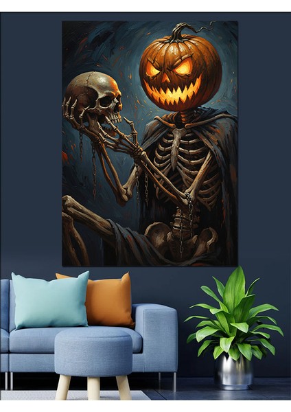 Iskeletler Balkabağı Cadılar Bayramı Dekoratif Kanvas - Mdf Ahşap Tablo indirimleri