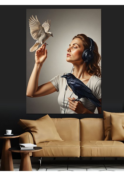 Güvercin Tutan Kadın Huzur Dekoratif Kanvas - Mdf Ahşap Tablo