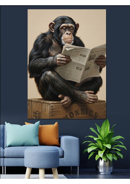 Şempanze Gazete Okuyan Komik Dekoratif Kanvas - Mdf Ahşap Tablo