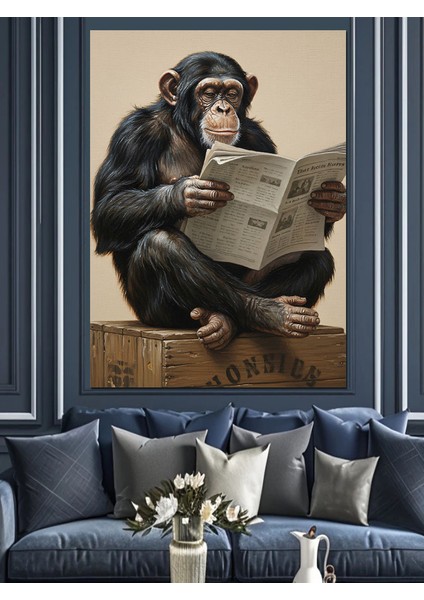 Şempanze Gazete Okuyan Komik Dekoratif Kanvas - Mdf Ahşap Tablo modelleri