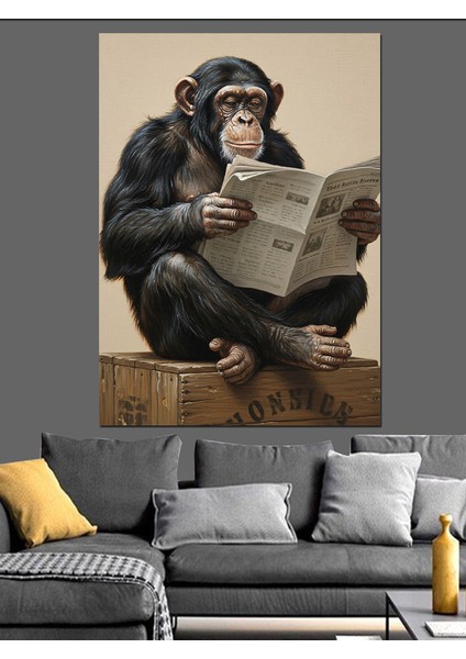 Şempanze Gazete Okuyan Komik Dekoratif Kanvas - Mdf Ahşap Tablo fırsatları