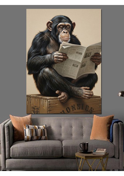 Şempanze Gazete Okuyan Komik Dekoratif Kanvas - Mdf Ahşap Tablo indirimleri