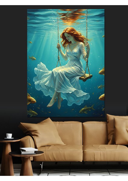 Deniz Kızı Su Altında Salıncak Dekoratif Kanvas - Mdf Ahşap Tablo