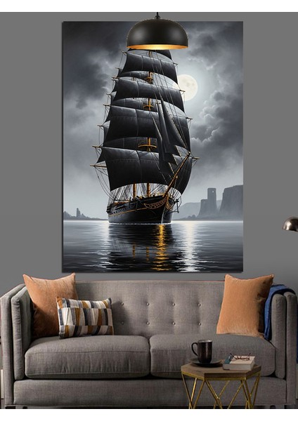 Yelkenli Siyah Gemi Deniz Dekoratif Kanvas - Mdf Ahşap Tablo