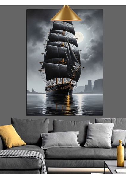 Yelkenli Siyah Gemi Deniz Dekoratif Kanvas - Mdf Ahşap Tablo fırsatları