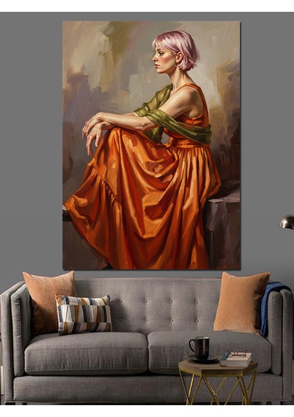 Portakal Elbiseli Kadın Antik Yağlı Boya Dekoratif Kanvas - Mdf Ahşap Tablo
