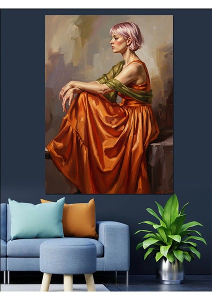 Portakal Elbiseli Kadın Antik Yağlı Boya Dekoratif Kanvas - Mdf Ahşap Tablo fiyatları