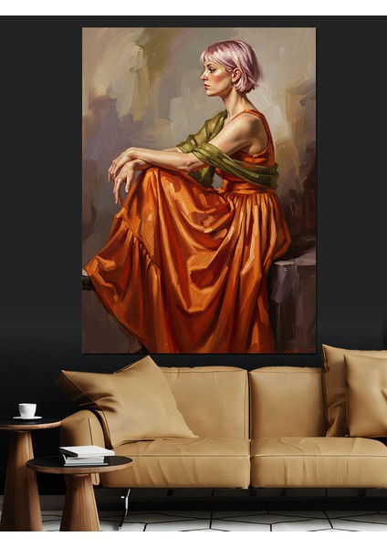 Portakal Elbiseli Kadın Antik Yağlı Boya Dekoratif Kanvas - Mdf Ahşap Tablo modelleri