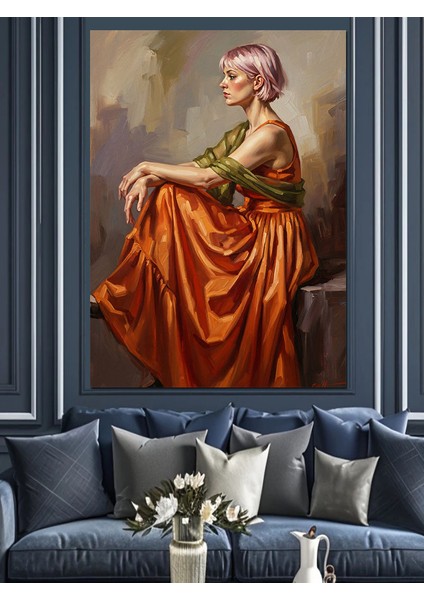 Portakal Elbiseli Kadın Antik Yağlı Boya Dekoratif Kanvas - Mdf Ahşap Tablo fırsatları