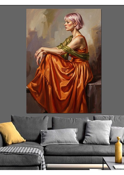 Portakal Elbiseli Kadın Antik Yağlı Boya Dekoratif Kanvas - Mdf Ahşap Tablo indirimleri