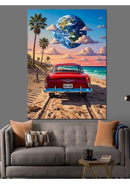 Kırmızı Araba Palmiye Plaj Dekoratif Kanvas - Mdf Ahşap Tablo