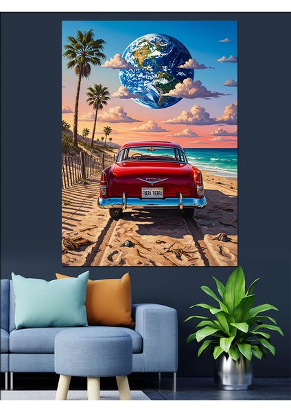 Kırmızı Araba Palmiye Plaj Dekoratif Kanvas - Mdf Ahşap Tablo fiyatları