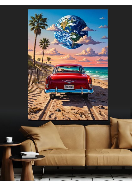 Kırmızı Araba Palmiye Plaj Dekoratif Kanvas - Mdf Ahşap Tablo modelleri