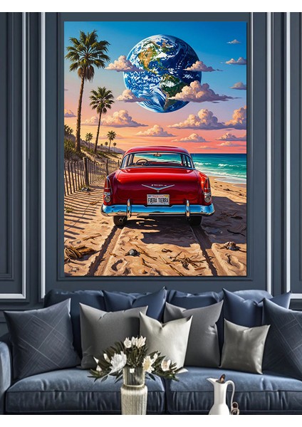 Kırmızı Araba Palmiye Plaj Dekoratif Kanvas - Mdf Ahşap Tablo fırsatları