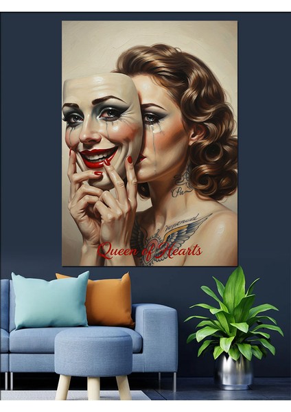 Maskeli Gülen Kadın Dekoratif Kanvas - Mdf Ahşap Tablo