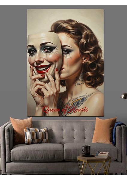 Maskeli Gülen Kadın Dekoratif Kanvas - Mdf Ahşap Tablo fiyatları