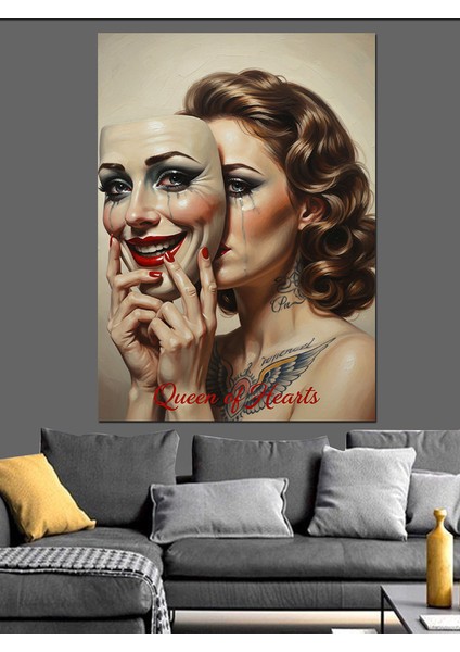 Maskeli Gülen Kadın Dekoratif Kanvas - Mdf Ahşap Tablo modelleri