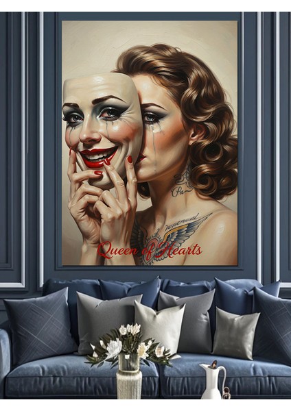 Maskeli Gülen Kadın Dekoratif Kanvas - Mdf Ahşap Tablo fırsatları